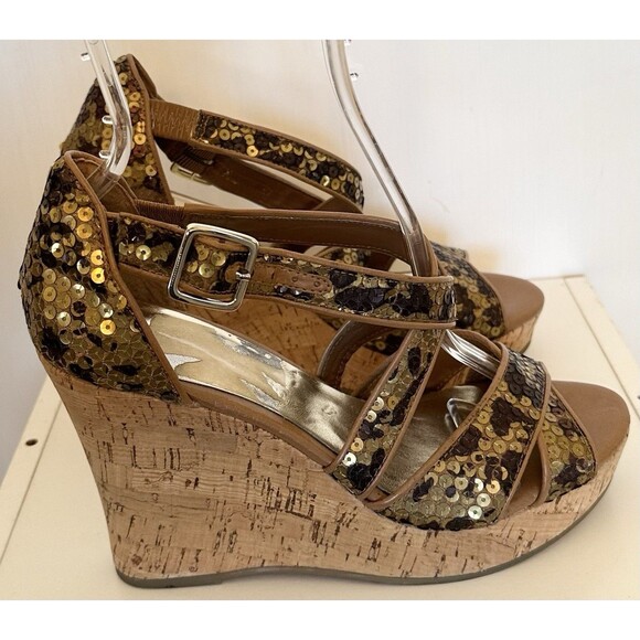 Inc International Concepts Sequin Cork Wedge Sandals 8.5M Brown Gold Ankle Strap - Picture 2 of 7